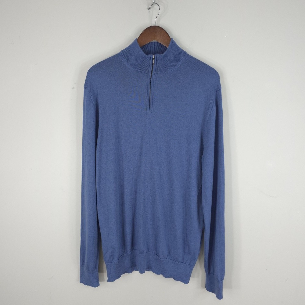 Charles Tyrwhitt Sweater Mens Large Blue 1/4 Zip Merino Wool Mock Neck Pullover
